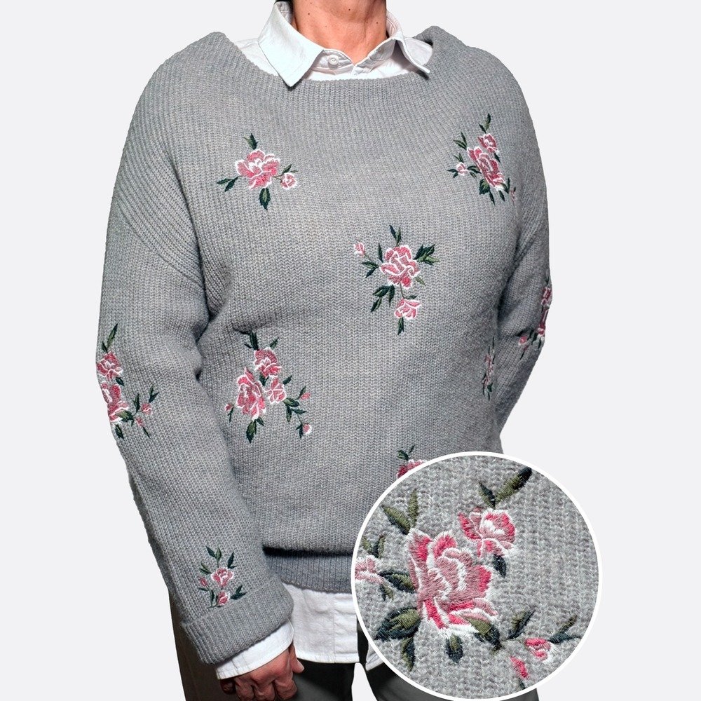 Coco Deal Floral Embroidered Mohair Sweater XL 1X 14‎ 16 Gray Romantic Coquette